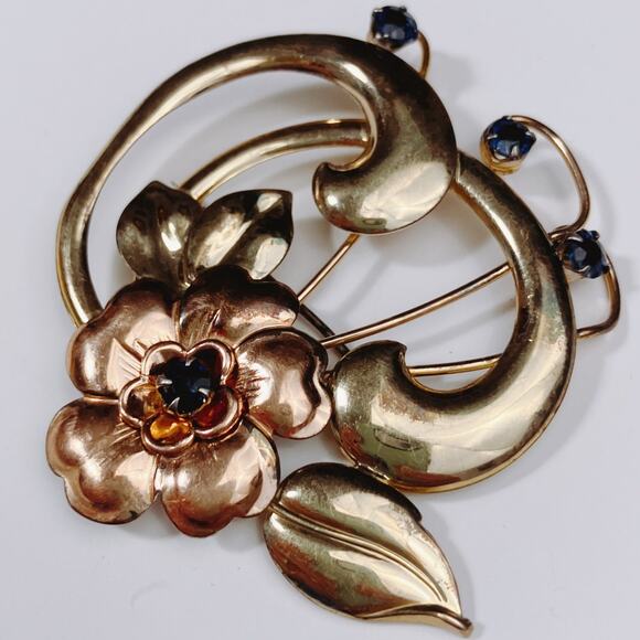 VTG Signed Harry Iskin Mid Century Gold Filled Floral Brooch Blue Rhinestone 40s - Picture 11 of 15